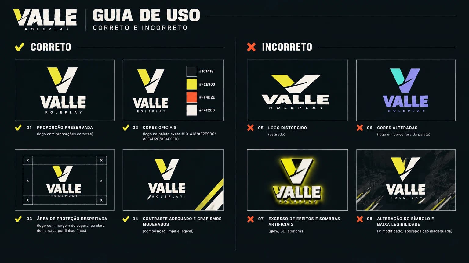 Guia oficial de uso do logo Valle Roleplay: usos corretos e incorretos